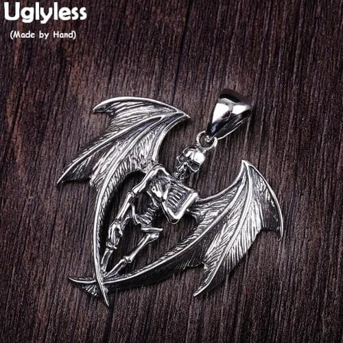 Uglyless Cool PUNK Flying Skull Pendants for Men Thai Silver Wings HIP HOP Necklaces NO Chains 925 Silver Skeleton Jewelry P815