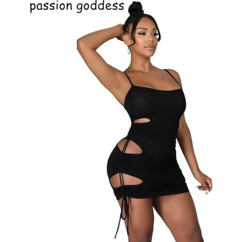 Summer Hollow Out Drawstring Sexy Bodycon Mini Dress for Women Camisole Bandage Slash Neck Backless Clubwear Party Dress Black