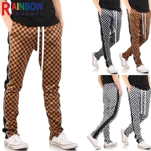 Rainbowtouches Men Slim Fit Pants Lace Up Side Stripe 3D Digital Plaid Printing Casual Fashion Sweatpants Outdoor Sports Pants