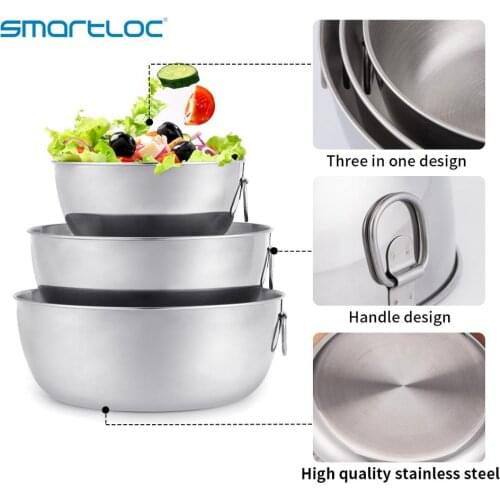 Smartloc 3PCS Stainless Steel Mixing Bowls Set With Lid Salad Bowl Mixing Bowls For Salad Cooking Baking Soup Bowl Fruit Bowl