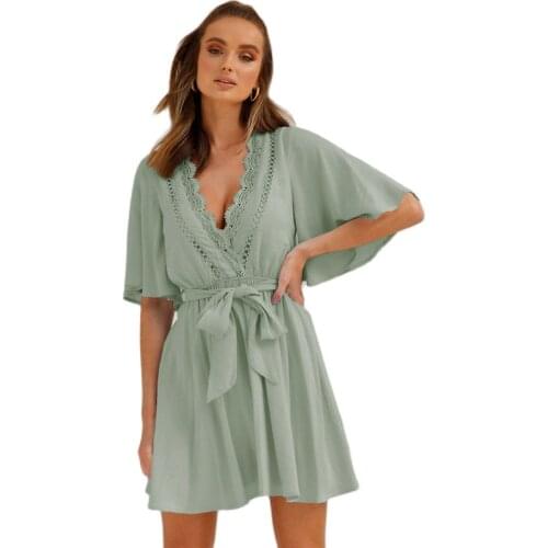 New Design Good Quality Factory Price Fashion Hot Selling Womens Lace Stitching V-Neck Solid Color Flared Sleeve Dress