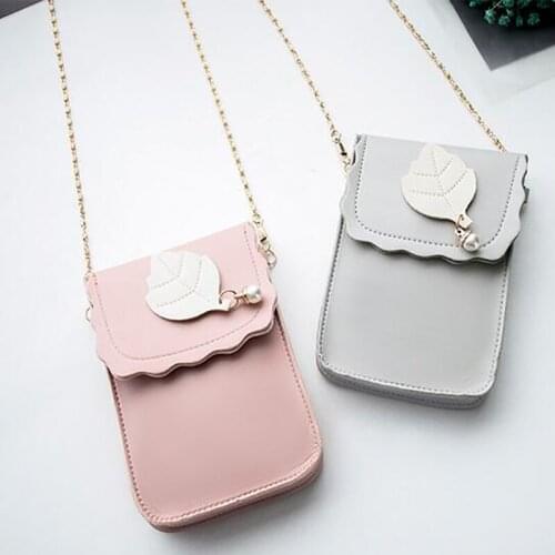 Mini Cell Phone Bag Shoulder Pocket Pouch Case Chain Strap Cute Pearl Leaf Decoration Lady Messenger Bag Universal Pu Leather