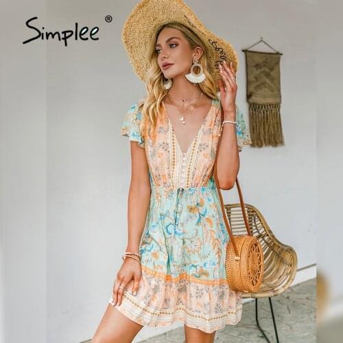 Simplee Country style boho women dress summer Short sleeve sash V-neck floral print spring mid dresses Holiday vintage dress