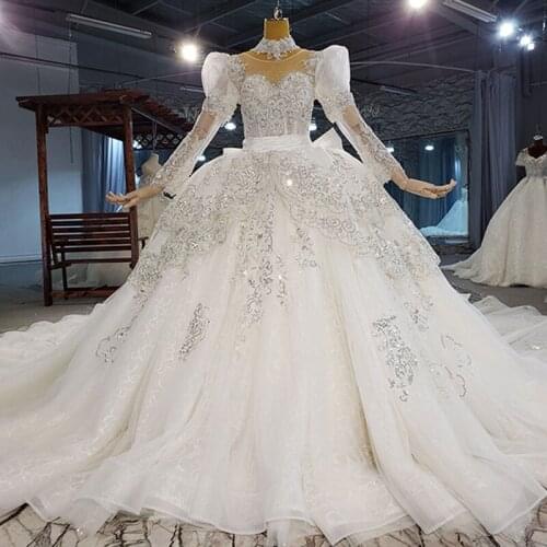High Neck Luxury Bridal Wedding Dress 2021 New Banquet Event Lace Applique Print Metal Sequins Pattern Bow Noble Elegant Gown