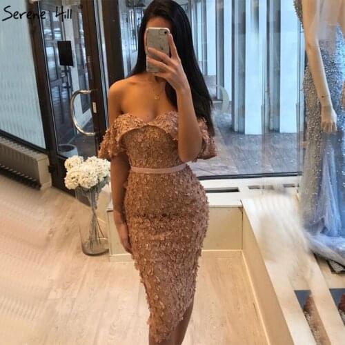 Blush Pink Off Shoulder Cocktail Dresses Handmade Flowers Sleeveless Sexy Evening Gowns 2020 Serene Hill BLA60949