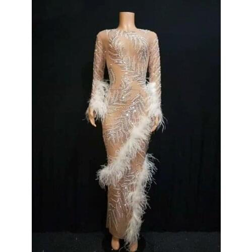 Sexy Mesh White Feather Pearls Rhinestones Long Dress Prom Party Clothes Birthday Celebrate Dress Stage Singer Dresses