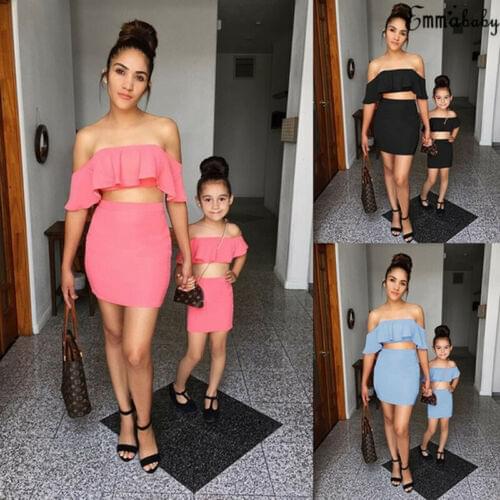 Family Clothes Mom Me Mother Daughter Matching summer solid Ruffle Tops Skirts Outfits