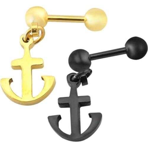 16g Black Gold Stainless Steel Anchor Design Ear Studs Round Barbell Pendant Earrings Tragus Helix Piercing Stud Earrings