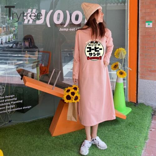Trytree Spring Autumn Womens Dress Casual Japanes Printed Cotton Blended Straight Floral Mid-Calf Loose Hoodid Dress Streetwear