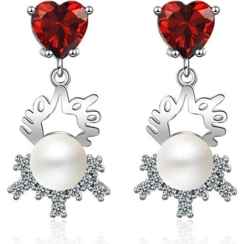 KOFSAC New Fashion Silver 925 Earring Sweet Temperament Red Love Heart Crystal Pearl Earrings For Women Wedding Jewelry Gifts