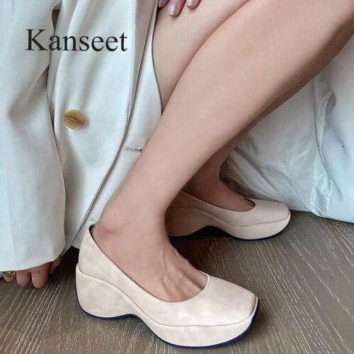 Kanseet Platform Womens Pumps 2021 Autumn New Square Toe High Heels Footwear Concise Design Ladies Slip-On Wedges Shoes Black