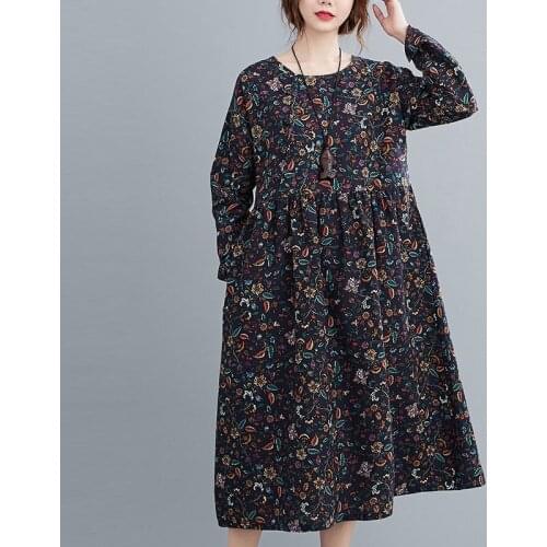 Women Cotton Linen Long Dress New Arrival 2020 Autumn Vintage Style Floral Print O-neck Female Loose Casual Dresses S1891