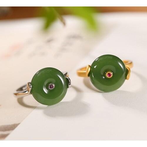 S925 sterling silver gold-plated natural Hetian jade ring personality simple peace buckle Womens Open ring