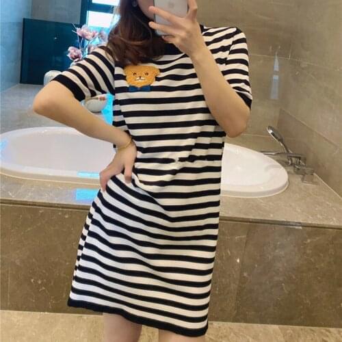 Korean Autumn New Ice Silk Embroidered Bear Stripes Color Matching and Thin Knitted Dresses Women Fashion Streetwear 2021
