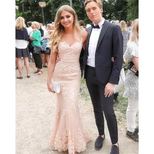 China Sweetheart Spaghetti Straps Mermaid Sweep Train Covered Button Back Lace Evening Dresses vestidos de fiesta de noche