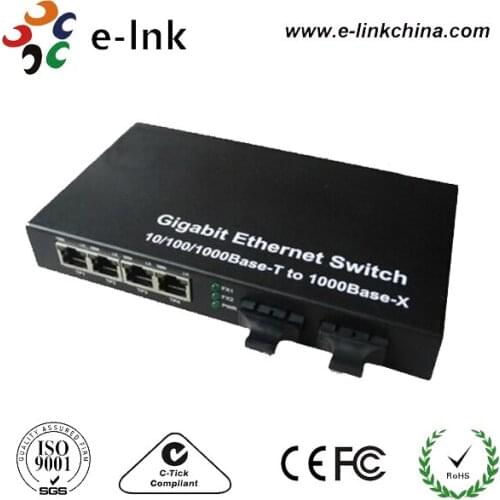 10/100/1000Base-T to 1000Base-F, 2 Fx Port + 4 RJ-45 Ports Single Mode fiber media converter switch