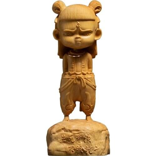 10/12/15CM Cartoon Lovely Nezha Statue Demon Child Into The World Yellow Wood Carvings Car Crafts Living Room Home Decoration