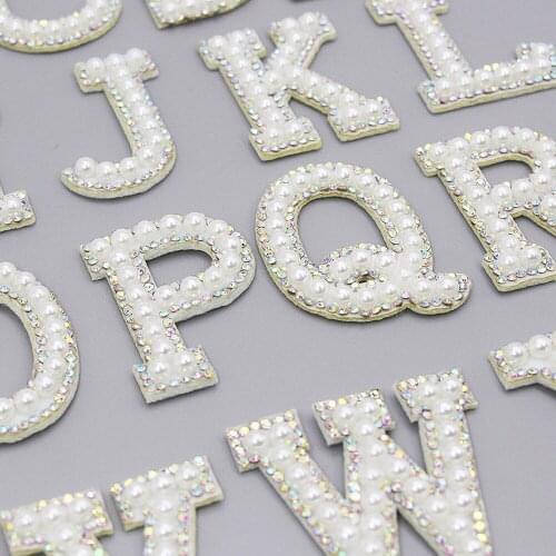 26 English Letters Pearl Rhinestone Patches For Clothes A-Z Alphabet Pearl Rhinestones Applique Sew On/Glue On Patches DIY Name