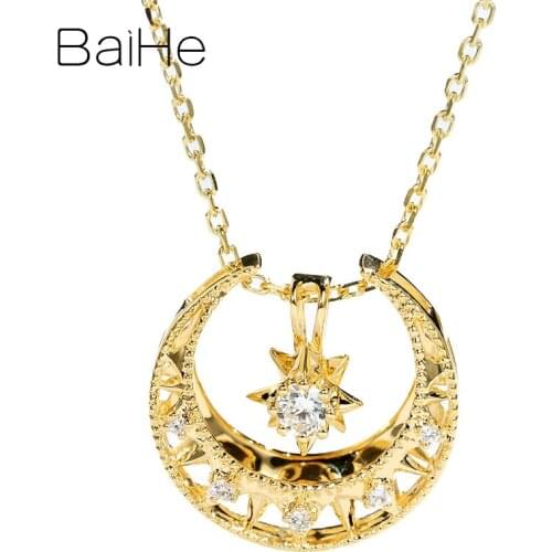 BAIHE Solid 18K Yellow Gold 0.10ct Natural Diamonds Women Engagement Trendy Fine Jewelry Exquisite star moon Necklaces