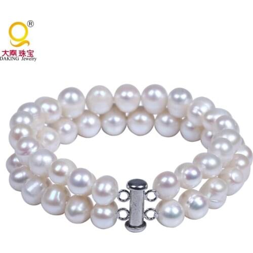 Free Shipping,Fashion Exquisite White Pearl Bead Bracelet 2 Rows Potato Shape Freshwater pearl Bracelets for Lady Charm bracelet