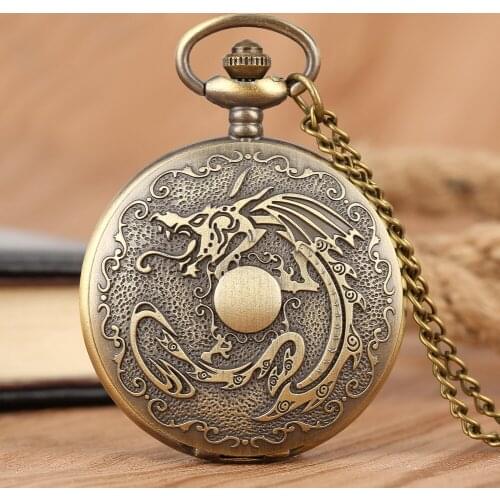 Bronze Evil Dragon Fire Quartz Pocket Watch Steampunk Style Pendant Necklace White Dial Men Women Clock Relogio De Bolso