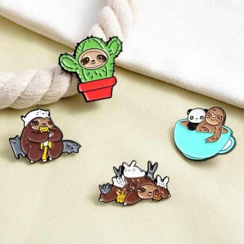 Sloth Spirit Enamel Pins Custom Cartoon Cactus Panda Cats Brooches Bag Lapel Pin Shirt Badge Buckle Animal Jewelry Gift Friend