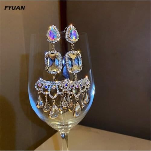 FYUAN Luxury Geometric Water Drop Crystal Dangle Earrings for Women Bohemian Style Long Tassel Earrings Weddings Bride Jewelry