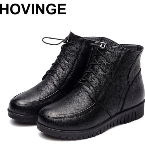 HOVINGE Womens Winter Boots Genuine Leather Fur Wool Warm Ladies Shoes Winter Snow Boots Women Shoes Non-slip Woman Boot