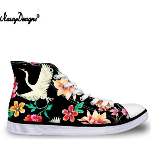 Noisydesigns Floral Feihe Design Canvas Flats Shoes Womens Lace Up School Vulcanized Shoe Breathable Casual High-top Sneakers
