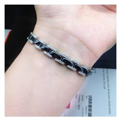 Classic sterling-silver-jewelry lovers one row zircon ceramic bracelet,black ceramic flexible soft chain link bracelets