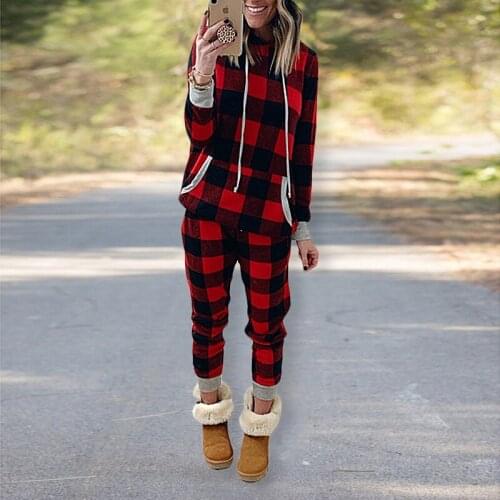 Classic Fashion Plaid Printed Casual Outfits Tracksuit Two Piece Set Women Long Sleeve Top Tunic And Baggy Pants Sweatpants