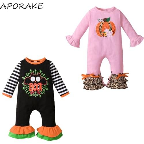 2021 0-18M Infant Baby Girl Halloween Romper Pumpkin Flower Embroidery Flare Long Sleeve Leopard Ruffle Bow Jumpsuit Outfit