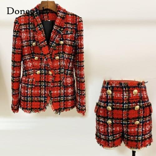 Spring Autumn Women suits Plaid shorts Set New casual double-breasted tweed plaid ladies jacket Slim and elegant bust Two-piece