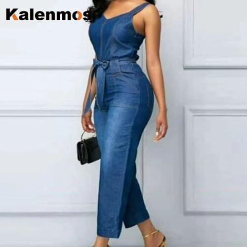 Summer Sleeveless Suspender Vintage Blue Jeans Denim Casual Long Wide Leg Jumpsuit for Women African Ladies Streetwear Clothes