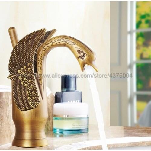 NEW Antique Brass Bathroom Faucet Single Handle Swan Faucet Deck Mounted Sink Mixer Tap Nnf087