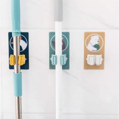 Practical Kitchen Mop Organizer Multi-Purpose Hooks Broom Holder Self Adhesive Storage Hanger Rack Wall Mounted