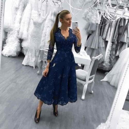 2020 Modest Tea Length Prom Dress 3/4 Long Sleeves V Neck A Line Sequin Lace Evening Party Pageant Gowns Vestidos Cheap Customiz