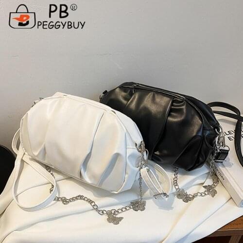 Women Designer Handbag Retro Women Butterfly PU Chain Pleated Soft Leather Crossbody Bag Solid Color Cloud Handbags