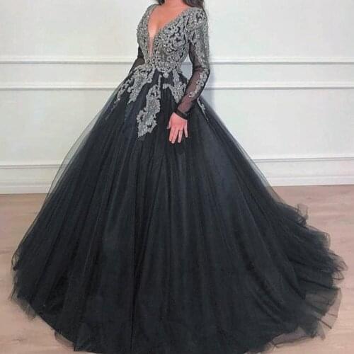 SuperKimJo Long Sleeve Black Prom Dress Ball Gown Vestido Formatura Lace Applique Beaded Luxury Prom Gowns Vestido De Graduation
