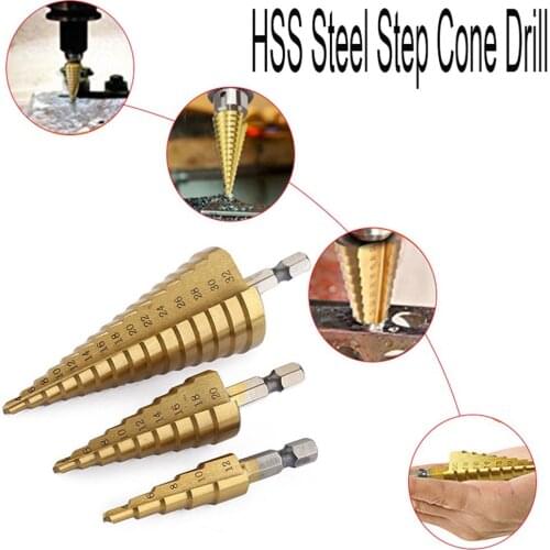 HSS Steel Titanium Step Drill Bit Hand Tool Sets 3-12 4-12 4-20 4-32mm Step Cone Cutt Woodworking Wood Metal Drill Bit Set