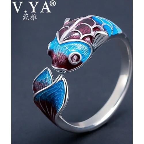 V.YA Retro Vintage 925 Sterling Silver Fish Ring Ethnic Carp Enameling Open Rings Elegant Female Jewelry