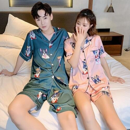 Lovers Pyjamas Women Short Sleeves Silk Satin Pajama Sets Cartoon Dog Couple Pajamas For Women Sleepwear Sets Pijama Mujer XXXL