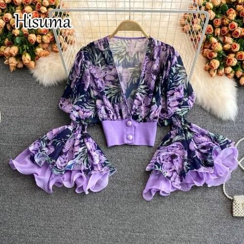 2021 autumn new female V-neck single breasted flare sleeve ruffles print chiffon shirts women elegant waist blouses