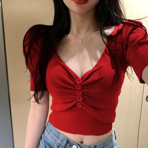Summer Women Thin Knitted T Shirt Fashion Square Collar Puff Short Sleeve Slim Tees Buttons Casual Solid Chic Ladies Top 2021