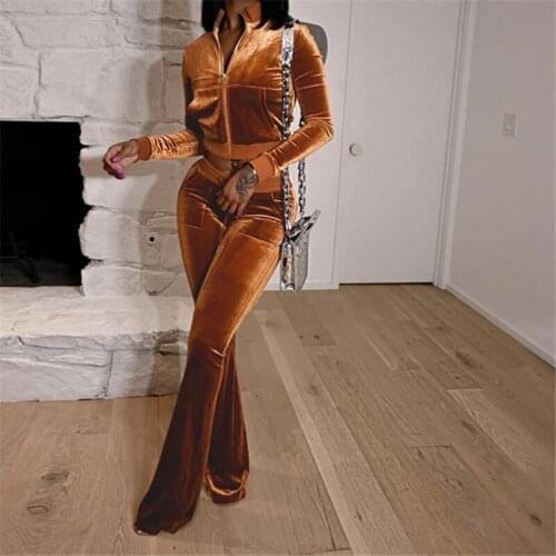 Autumn Fashion Womens Velvet 2Pcs Sets Full Sleeve Zipper Cardigan Coat+Elastic Jogger Pants Solid Casual Club Matching Suits