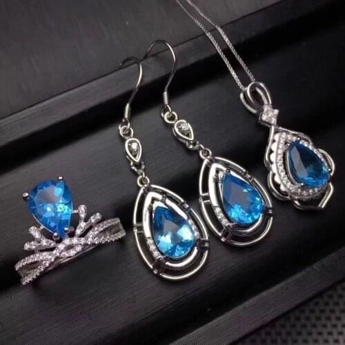 Natural blue topaz ring earrings Pendant Natural Gemstone Jewelry Set 925 Silver Elegant crown water drop Women party jewelry