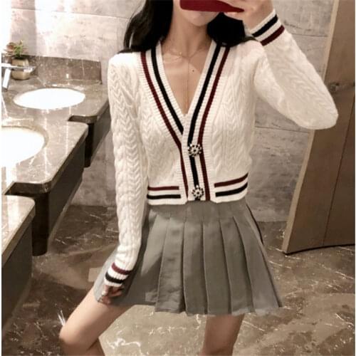 Women New Autumn Fashion Two Piece Dress Sets Deep V Neck Twist Knit Sweater Cardigan&Pleated Mini Skirt Sets 2PC Skirt Suits