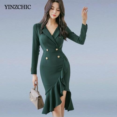 Spring New OL Slim Mermaid Dress Notched Neck Female Bodycon Green Dresses Full Sleeve Ruffles Knee-length Dress for Woman Work