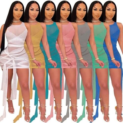 2021 New Fashion Tied Mini Dress Stretchy See Through Mesh Sexy Dresses Lace-Up Bandage Party Dress For Women Clubwear Plus Size