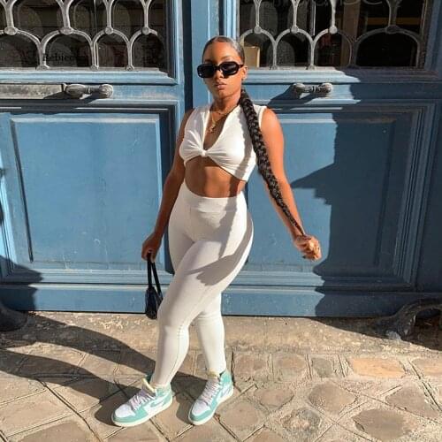 2 Pcs Women Yoga Outfits Adults Sexy Sleeveless Deep V-Neck Vest + Skinny Trousers Sportswear Set Tracksuit